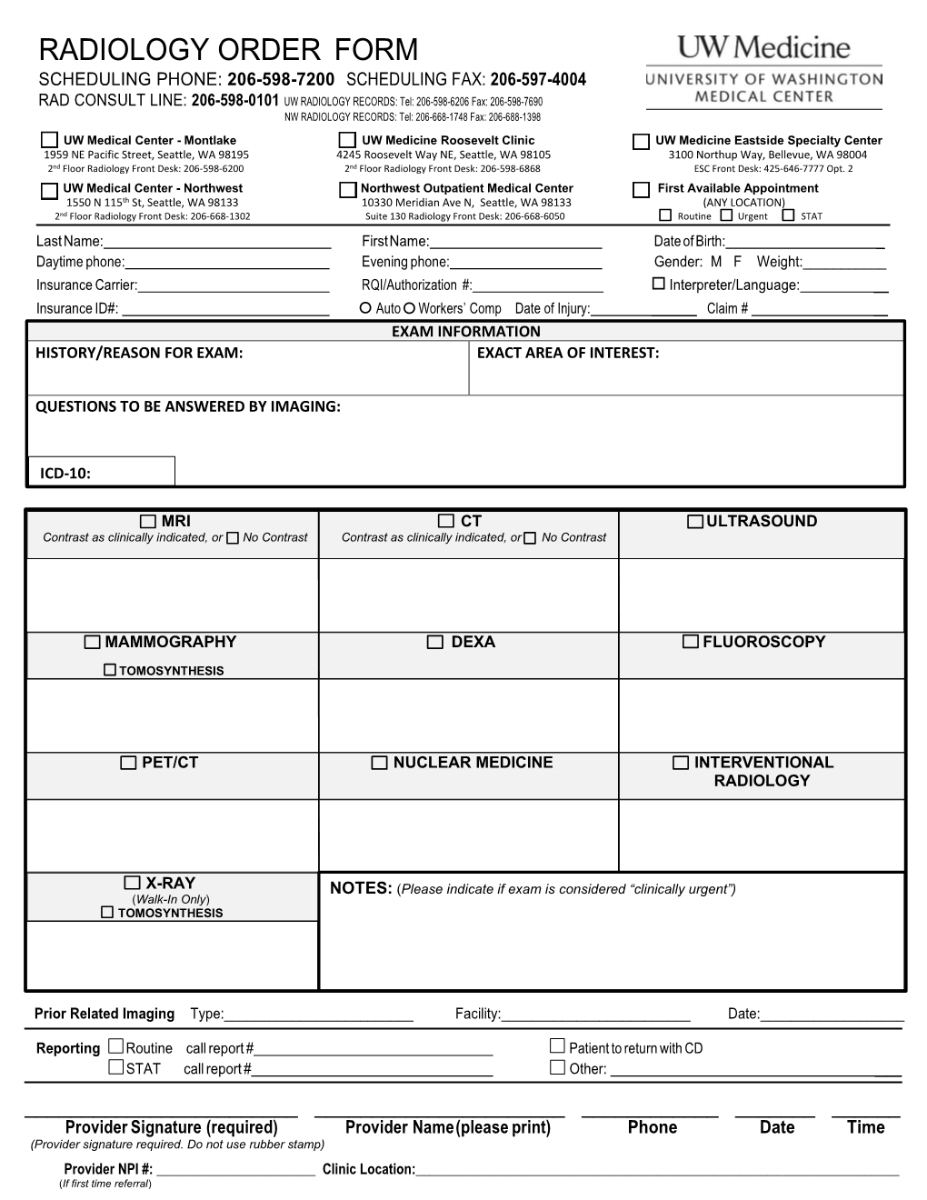 Radiology Order Form