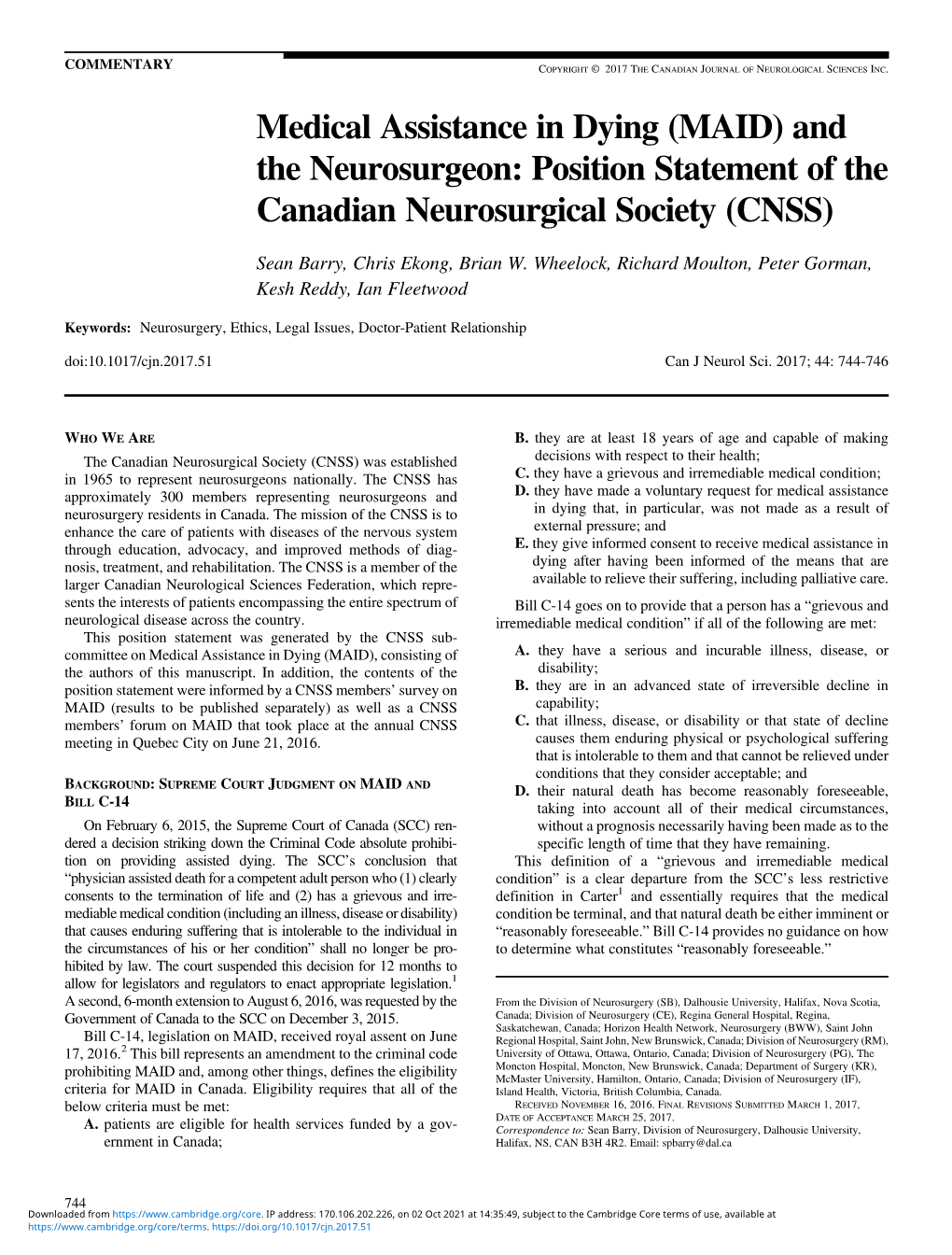 Medical Assistance in Dying (MAID) and the Neurosurgeon: Position Statement of the Canadian Neurosurgical Society (CNSS)