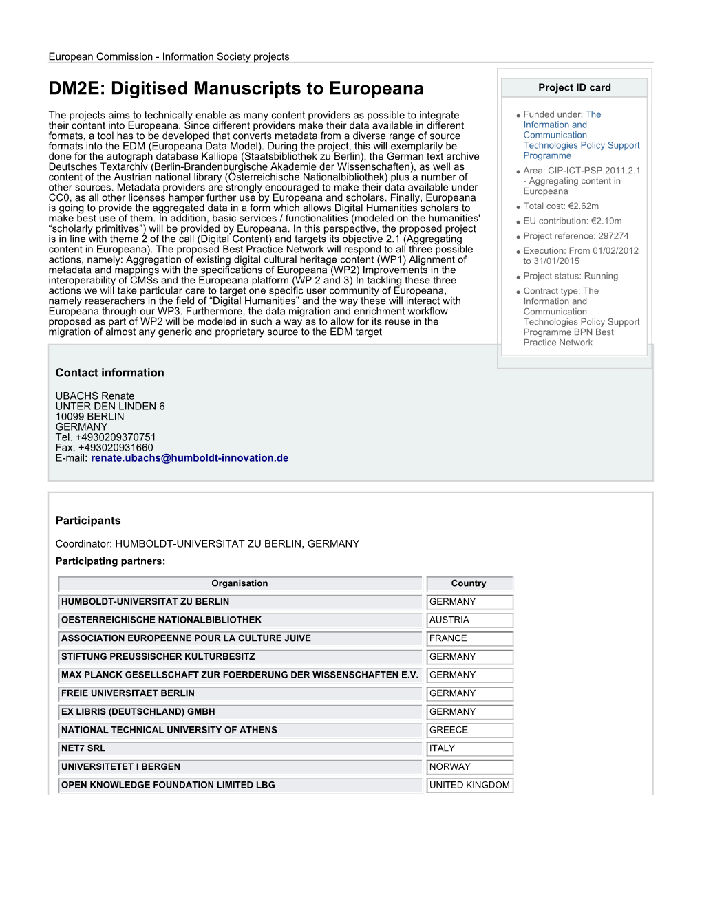 DM2E: Digitised Manuscripts to Europeana Project ID Card