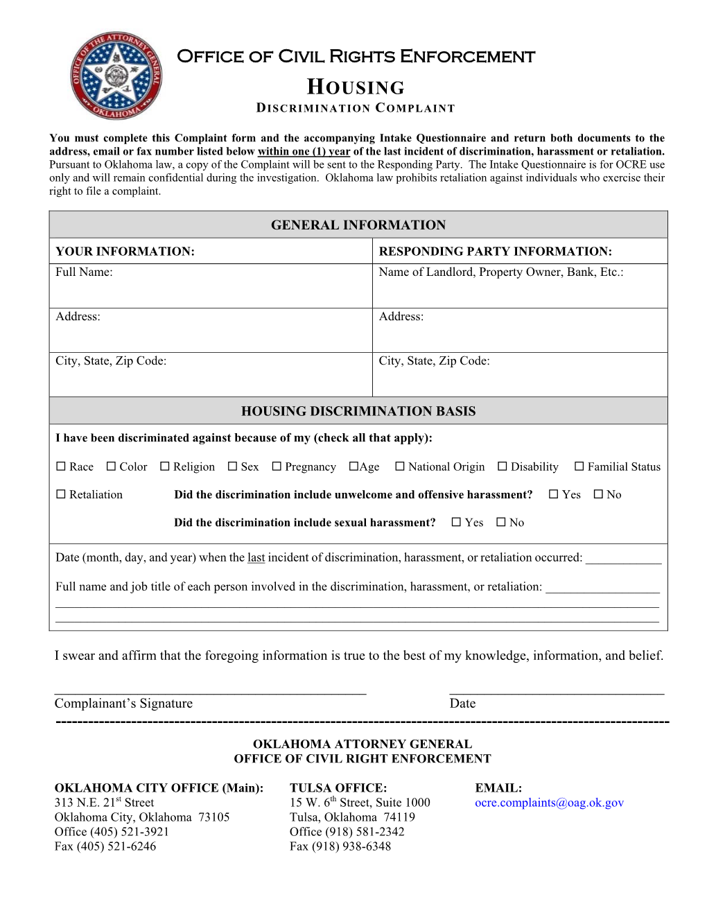 Housing Discrimination Complaint Form