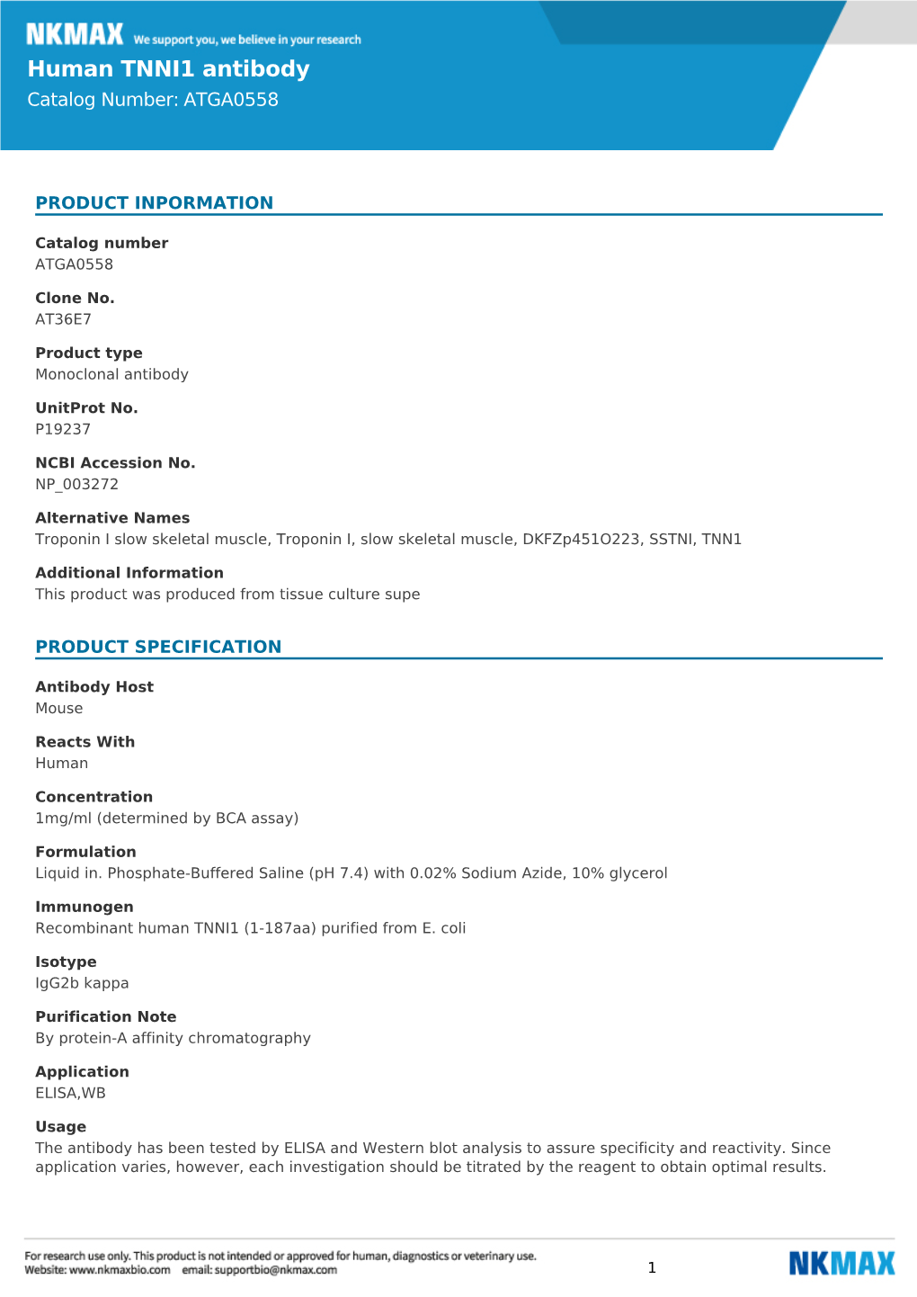 Human TNNI1 Antibody Catalog Number: ATGA0558