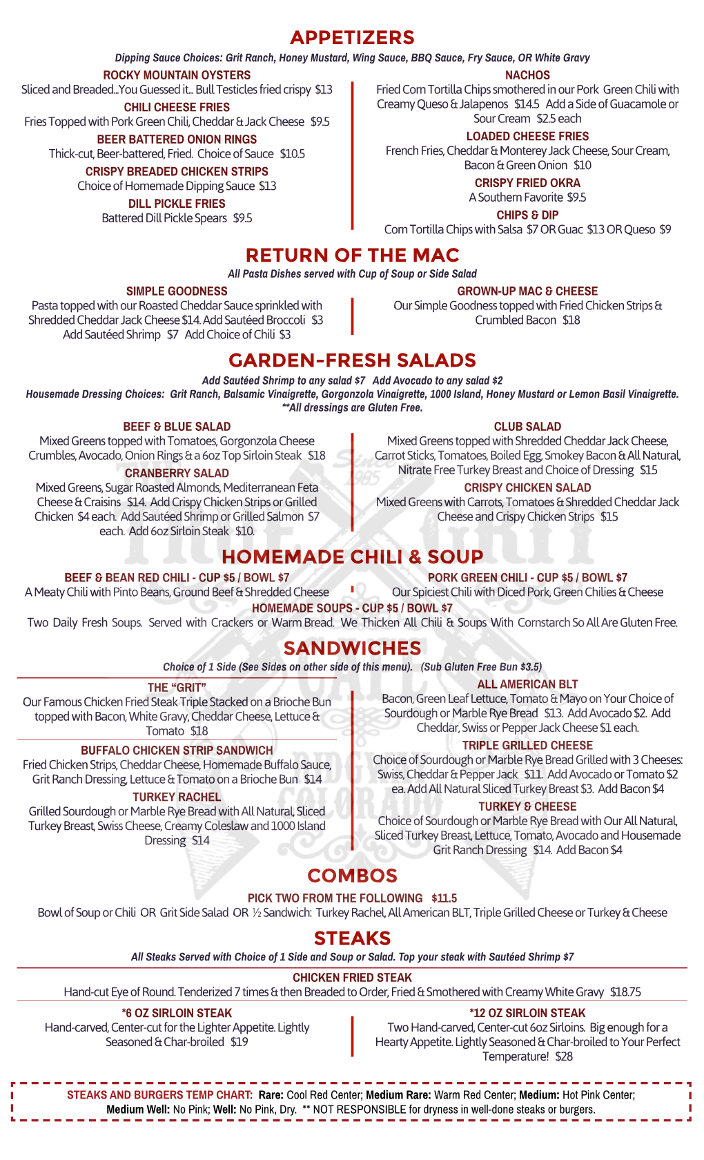Appetizers Return of the Mac Garden-Fresh Salads Homemade Chili & Soup Sandwiches Combos Steaks