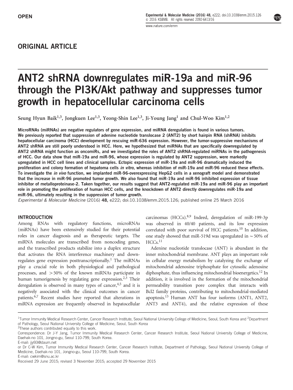 ANT2 Shrna Downregulates Mir-19A and Mir-96 Through the PI3K/Akt Pathway and Suppresses Tumor Growth in Hepatocellular Carcinoma Cells
