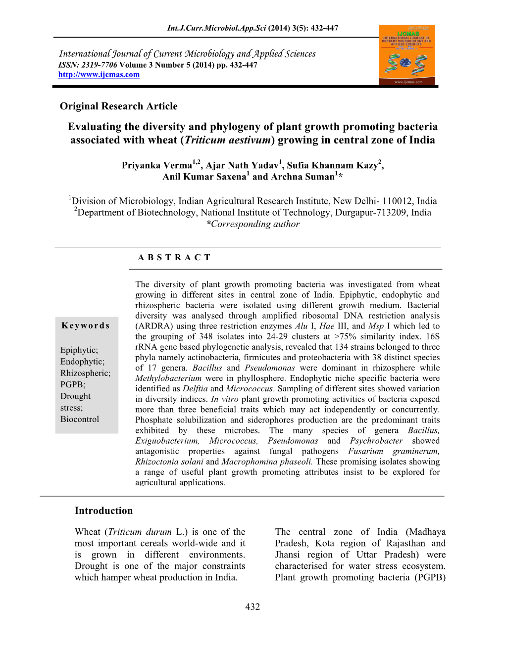 Evaluating the Diversity and Phylogeny of Plant Growth Promoting Bacteria Associated with Wheat (Triticum Aestivum) Growing in Central Zone of India