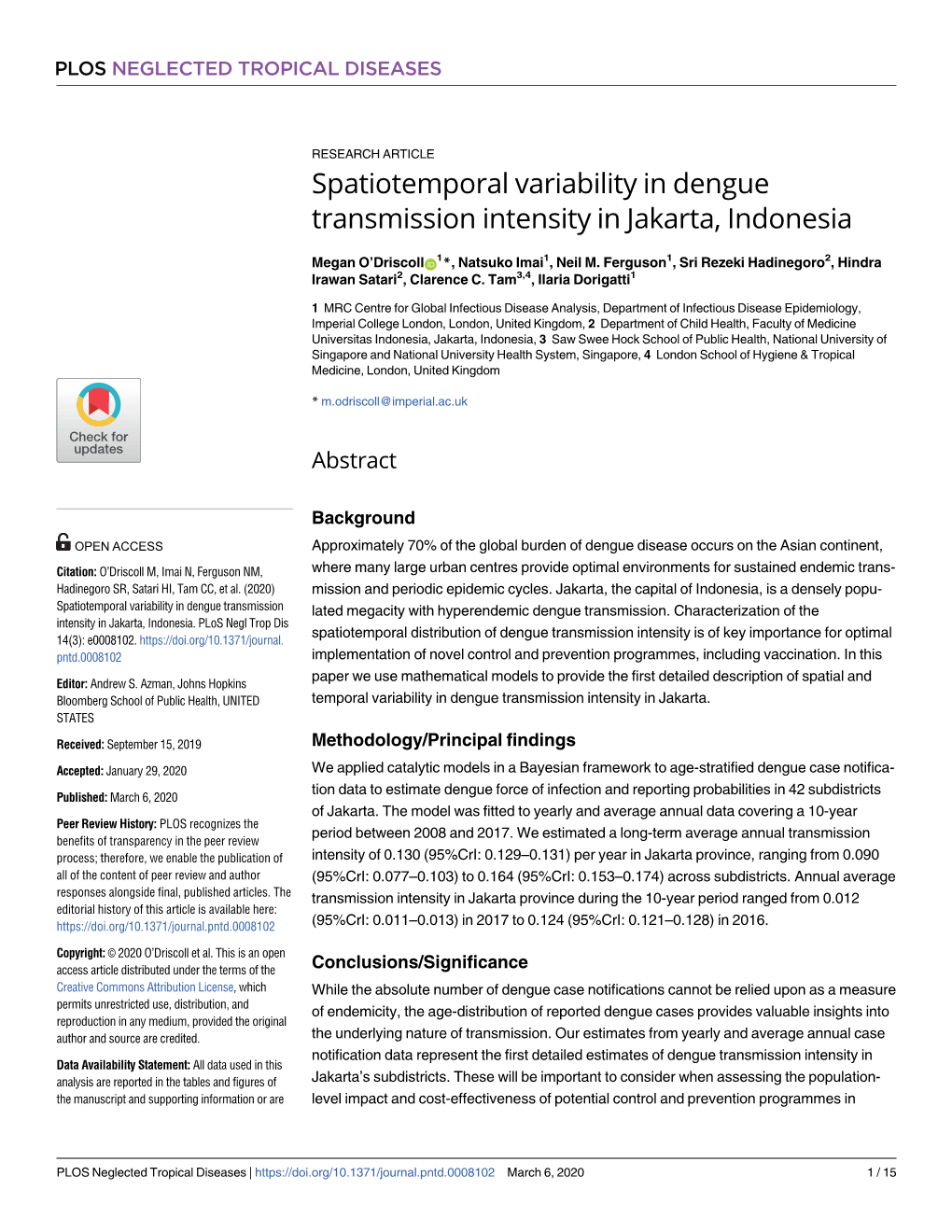Spatiotemporal Variability in Dengue Transmission Intensity in Jakarta, Indonesia