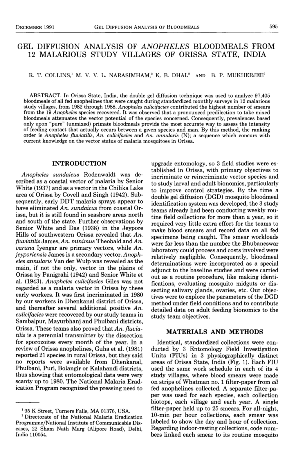 Gel Diffusion Analysis of Anopheles Bloodmeals from 12 Malarious