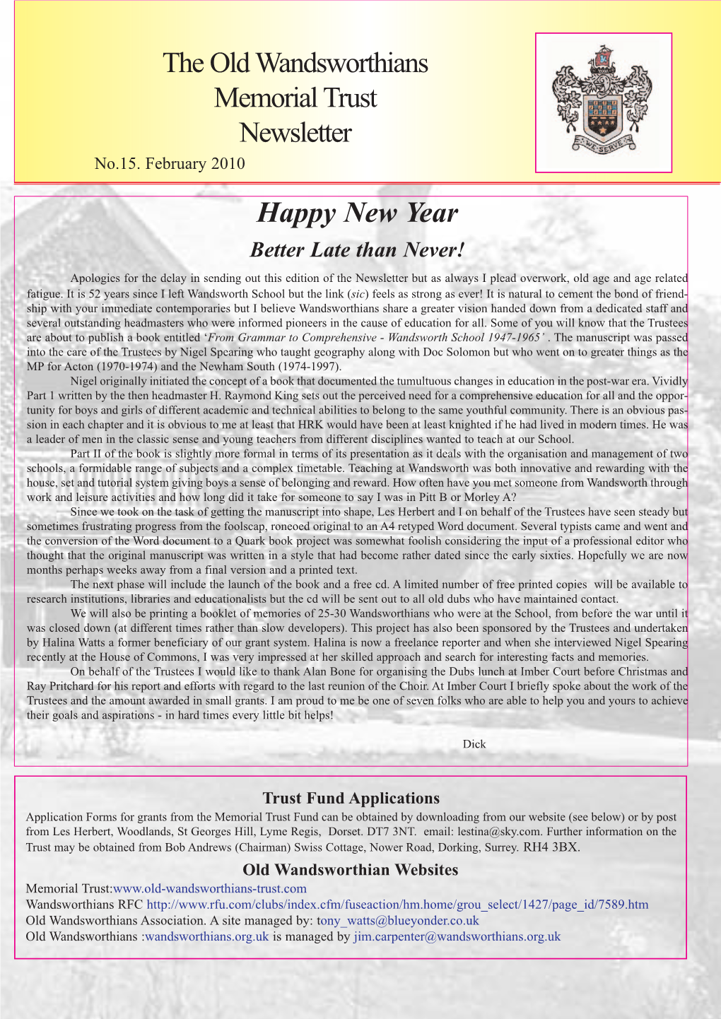 The Old Wandsworthians Memorial Trust Newsletter Happy New Year