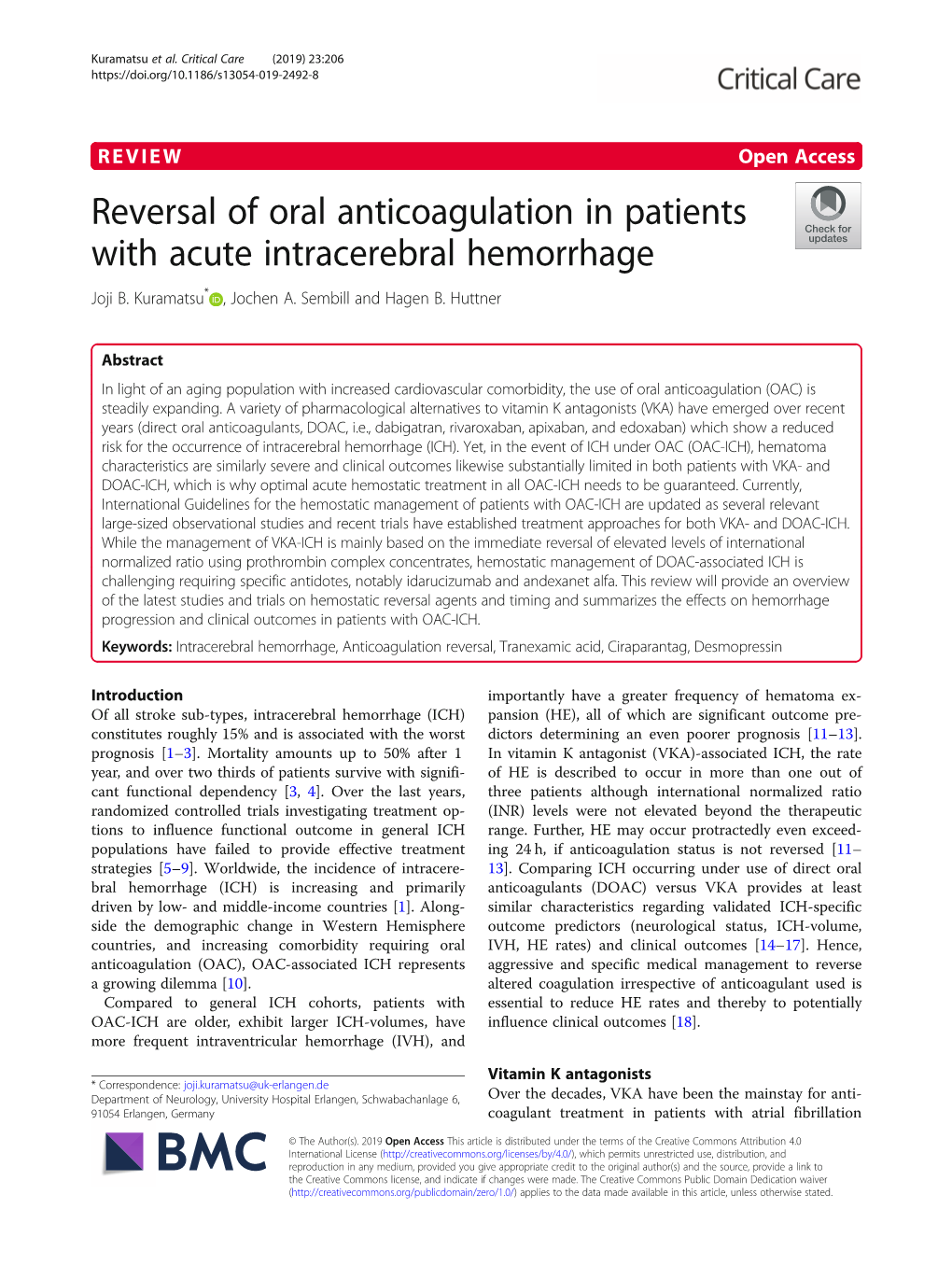 Reversal of Oral Anticoagulation in Patients with Acute Intracerebral Hemorrhage Joji B