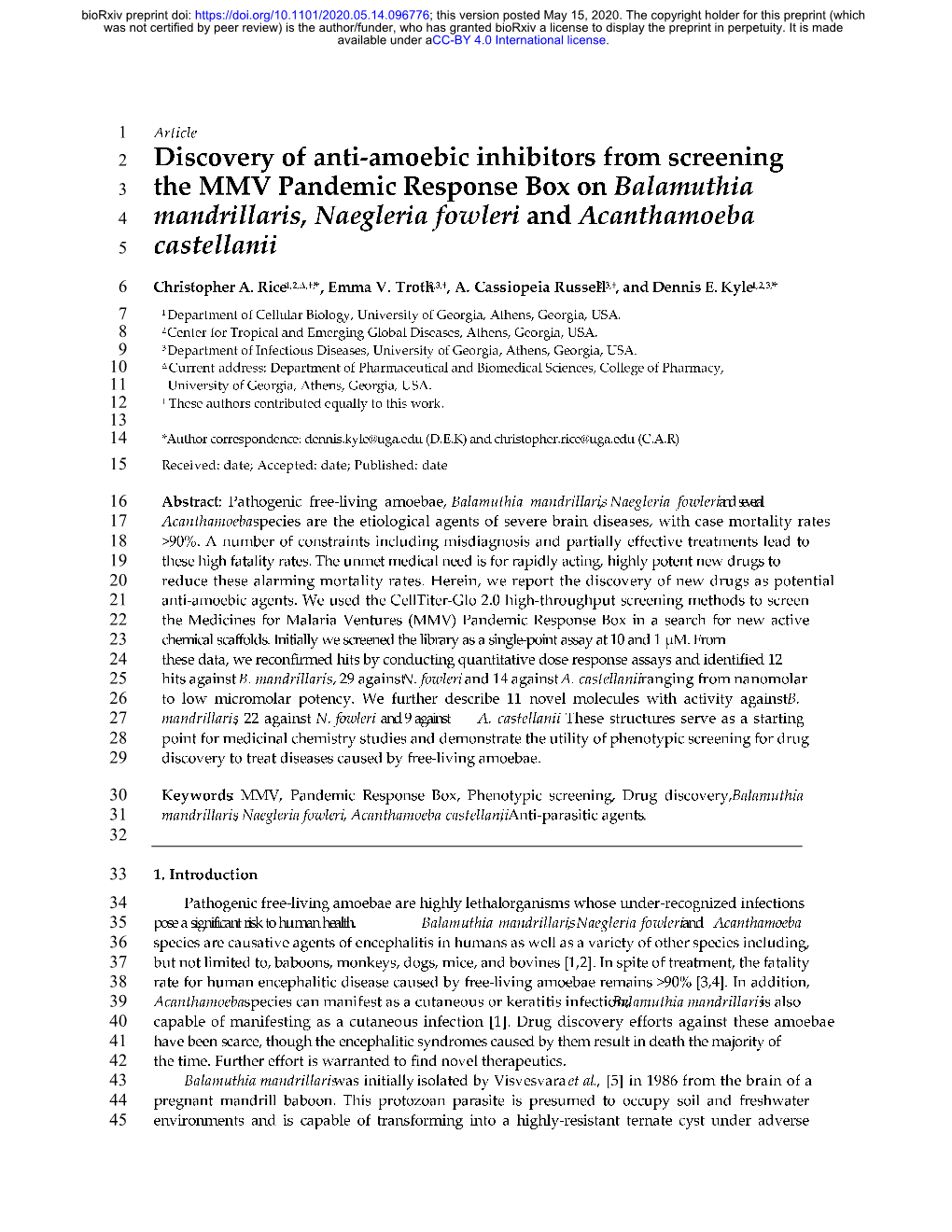 Discovery of Anti-Amoebic Inhibitors from Screening the MMV Pandemic Response Box on Balamuthia Mandrillaris, Naegleria Fowleri