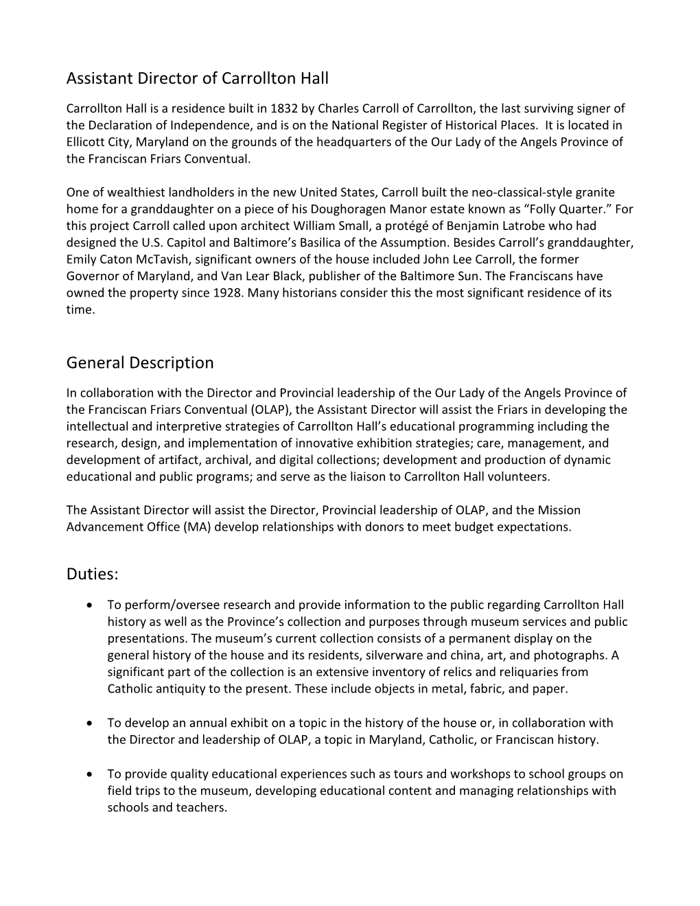 Assistant Director of Carrollton Hall General Description Duties