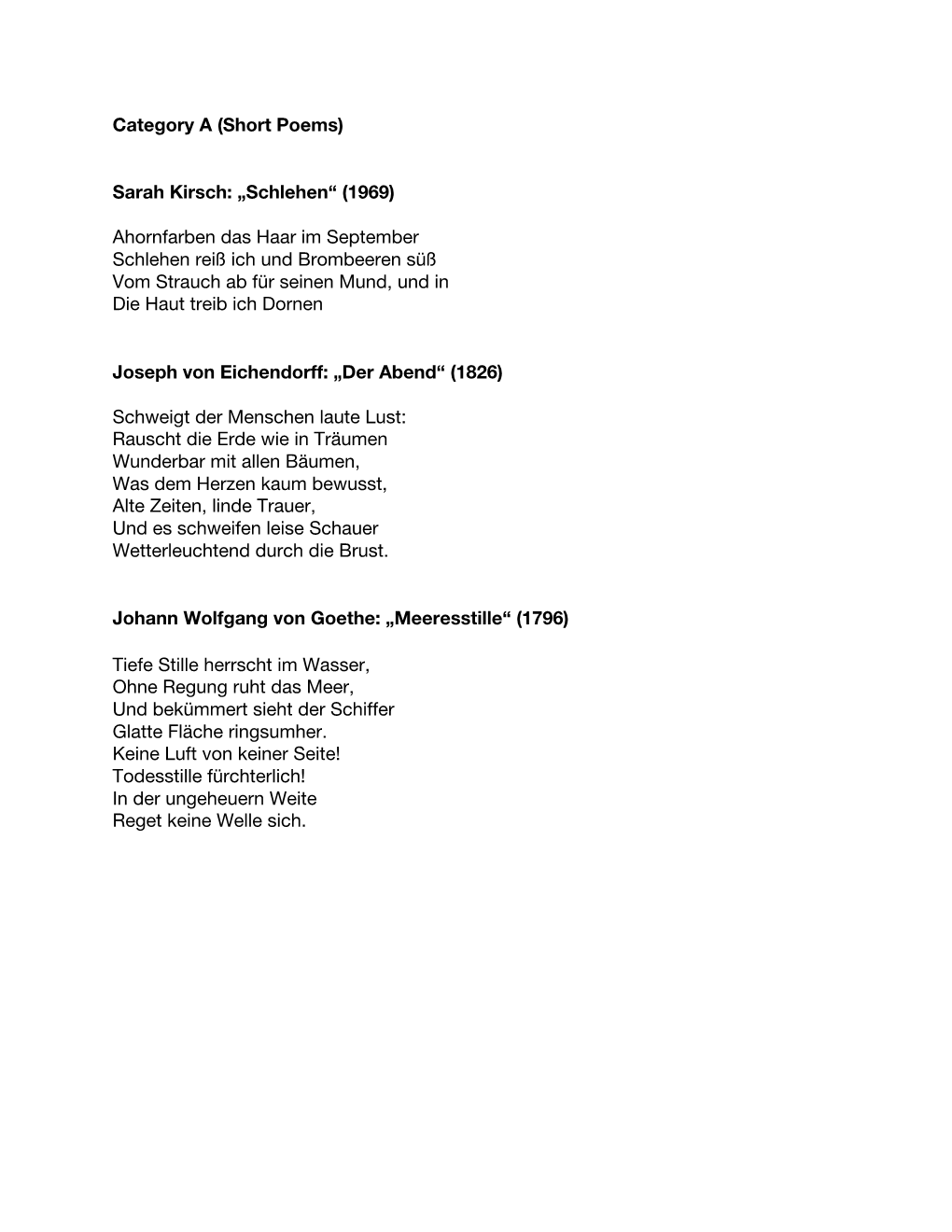 Category a (Short Poems) Sarah Kirsch: „Schlehen“ (1969