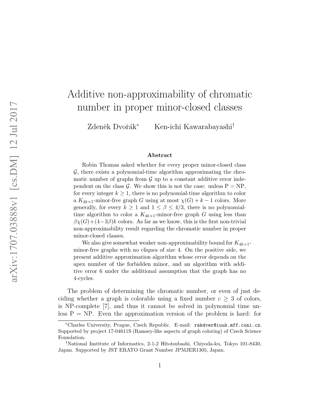 Additive Non-Approximability of Chromatic Number in Proper Minor