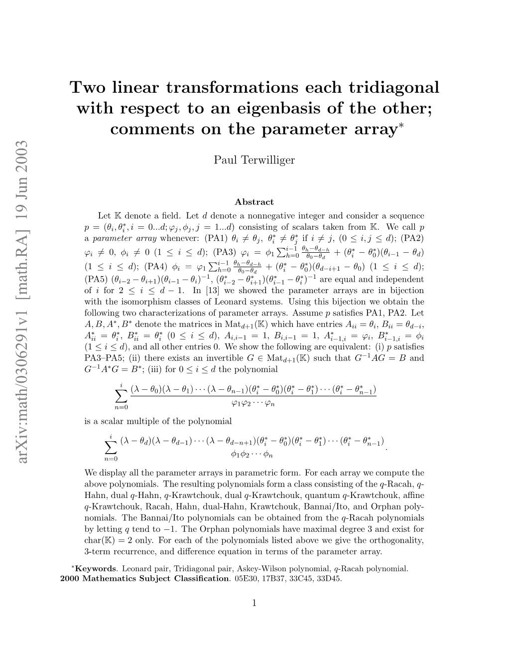 [Math.RA] 19 Jun 2003 Two Linear Transformations Each Tridiagonal with Respect to an Eigenbasis of the Ot