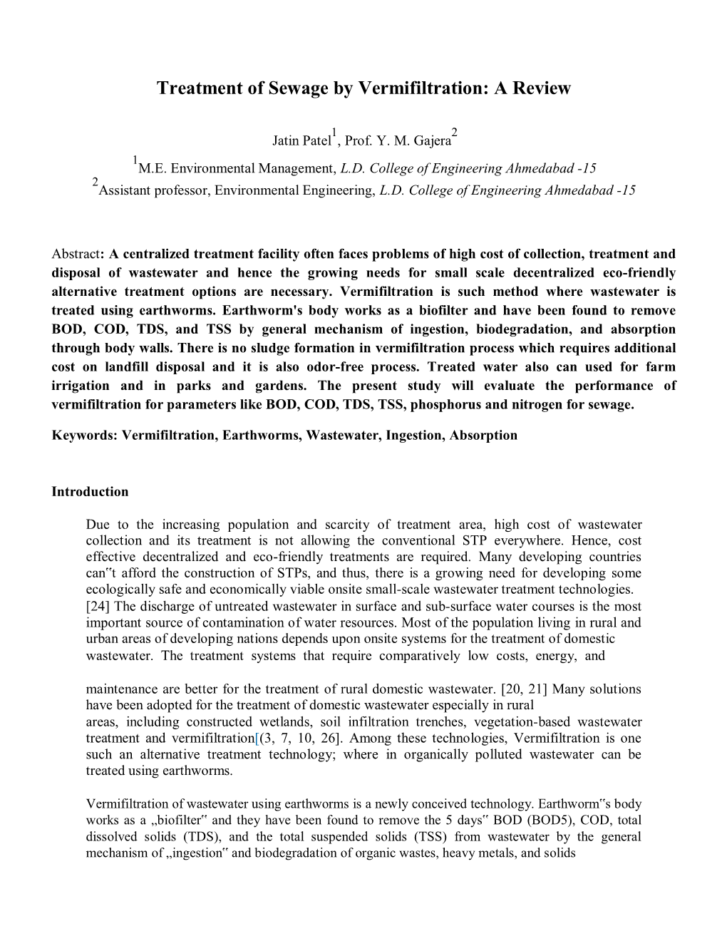 Treatment of Sewage by Vermifiltration: a Review