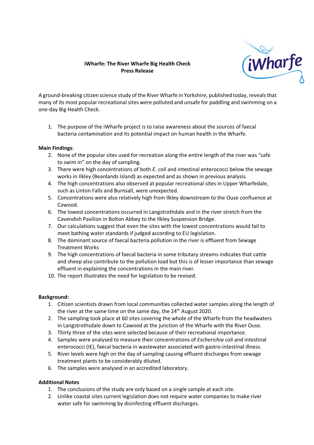 Iwharfe: the River Wharfe Big Health Check Press Release a Ground