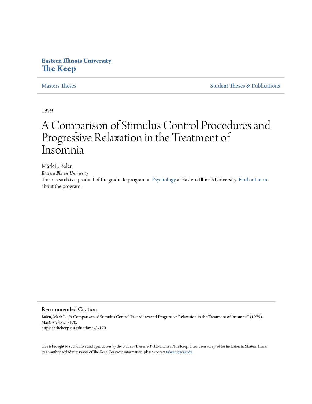 A Comparison of Stimulus Control Procedures and Progressive Relaxation in the Treatment of Insomnia Mark L