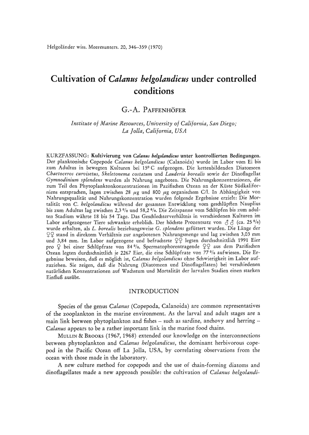 Calanus Helgolandicus Under Controlled Conditions
