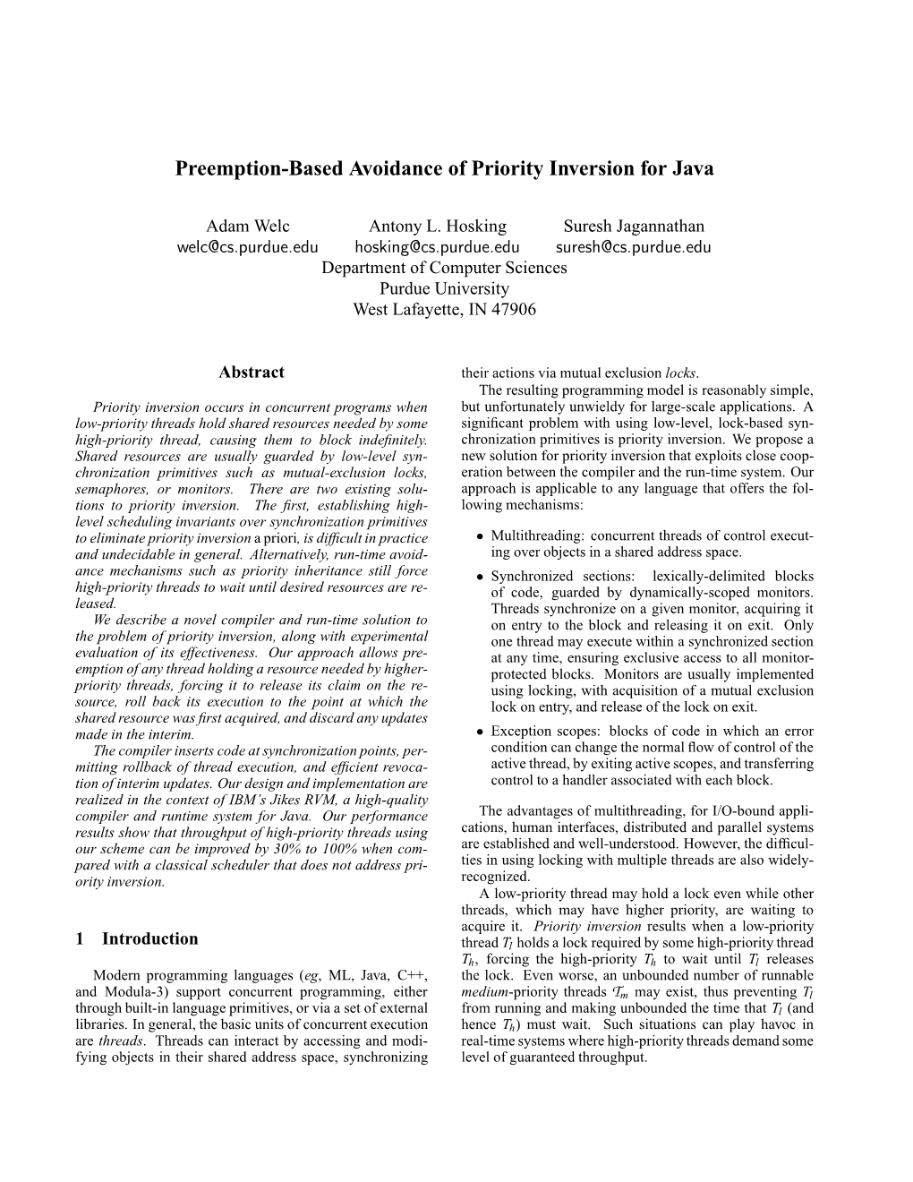 Preemption-Based Avoidance of Priority Inversion for Java