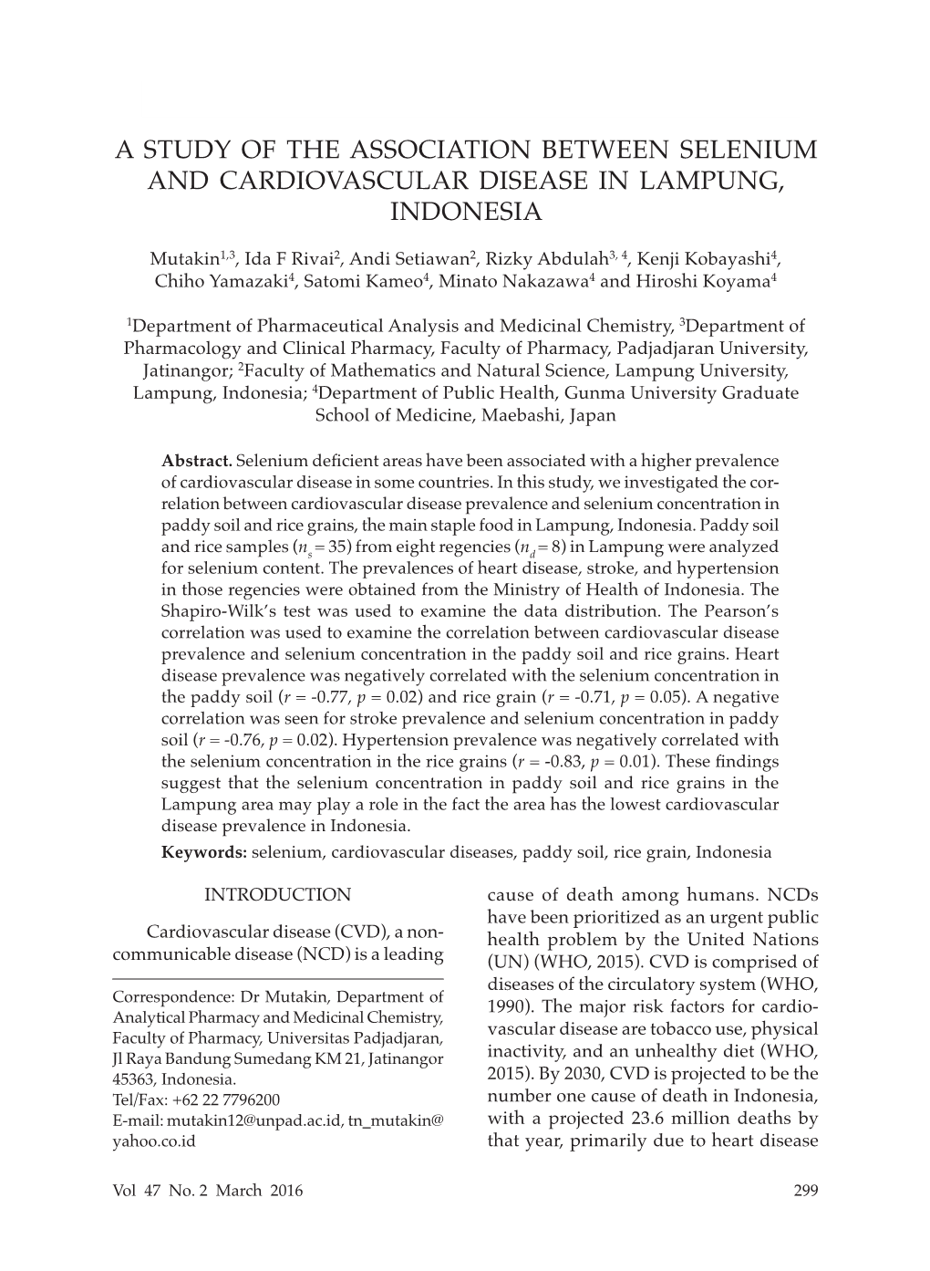 A Study of the Association Between Selenium and Cardiovascular Disease in Lampung, Indonesia