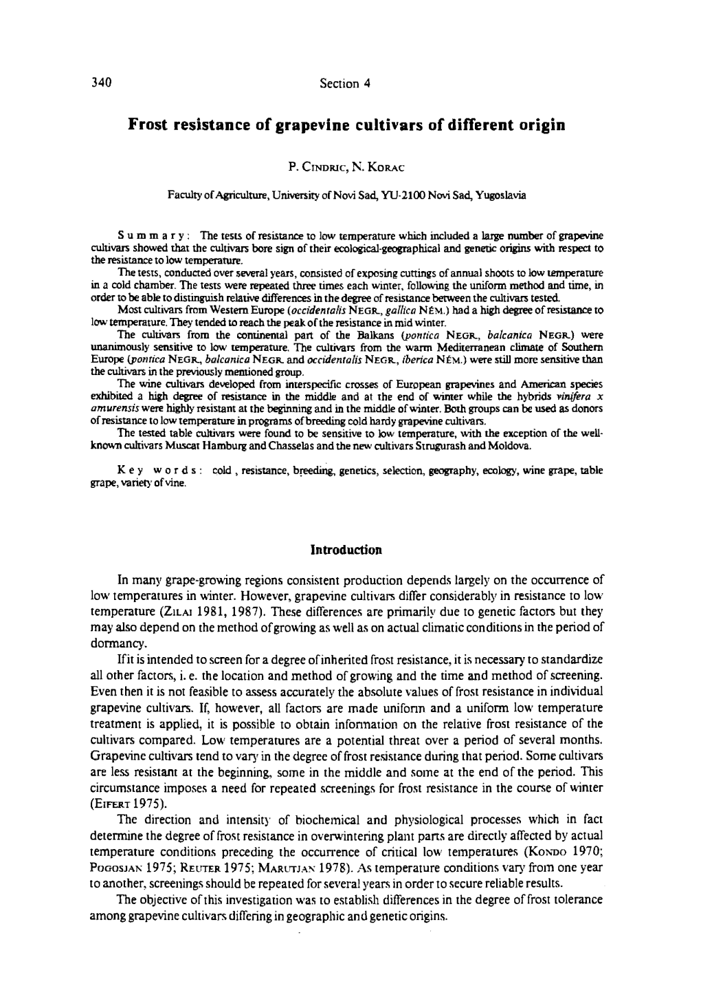 Frost Resistance of Grapevine Cultivars of Different Origin