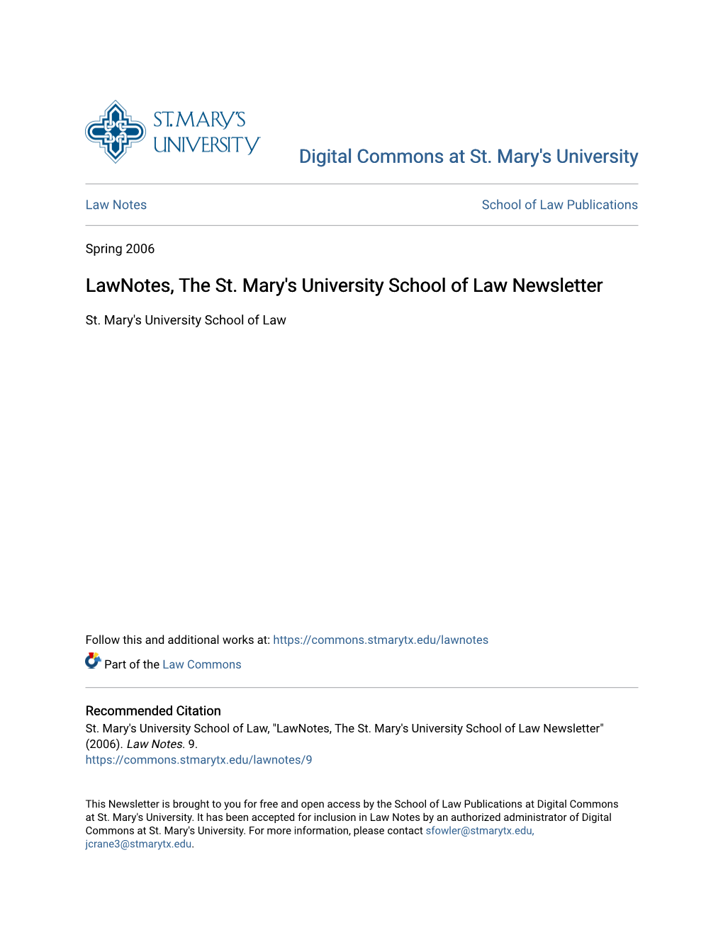 Lawnotes, the St. Mary's University School of Law Newsletter