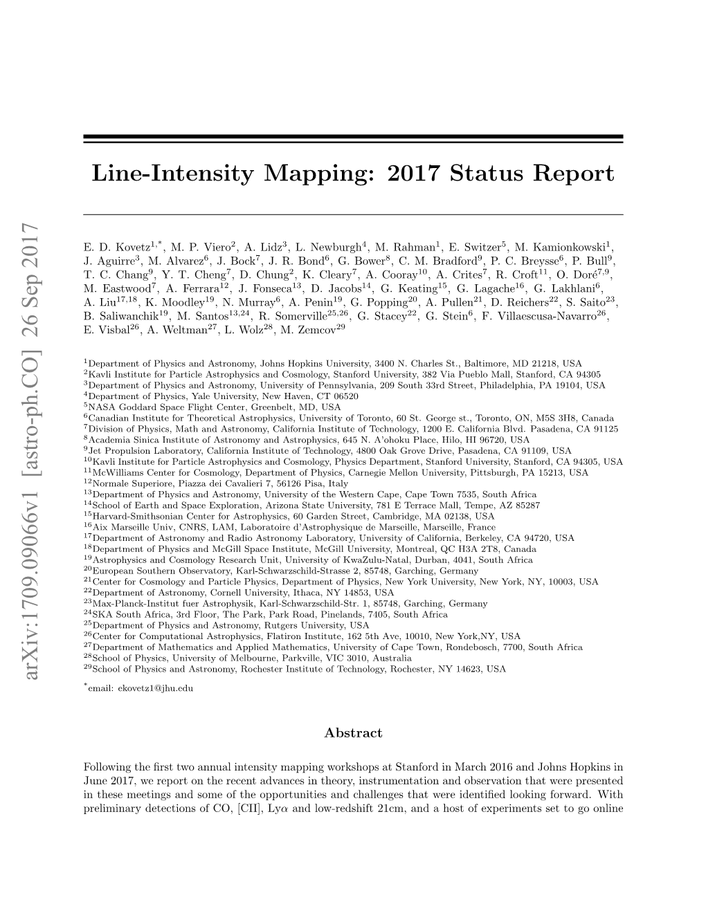 Line-Intensity Mapping: 2017 Status Report Arxiv:1709.09066V1