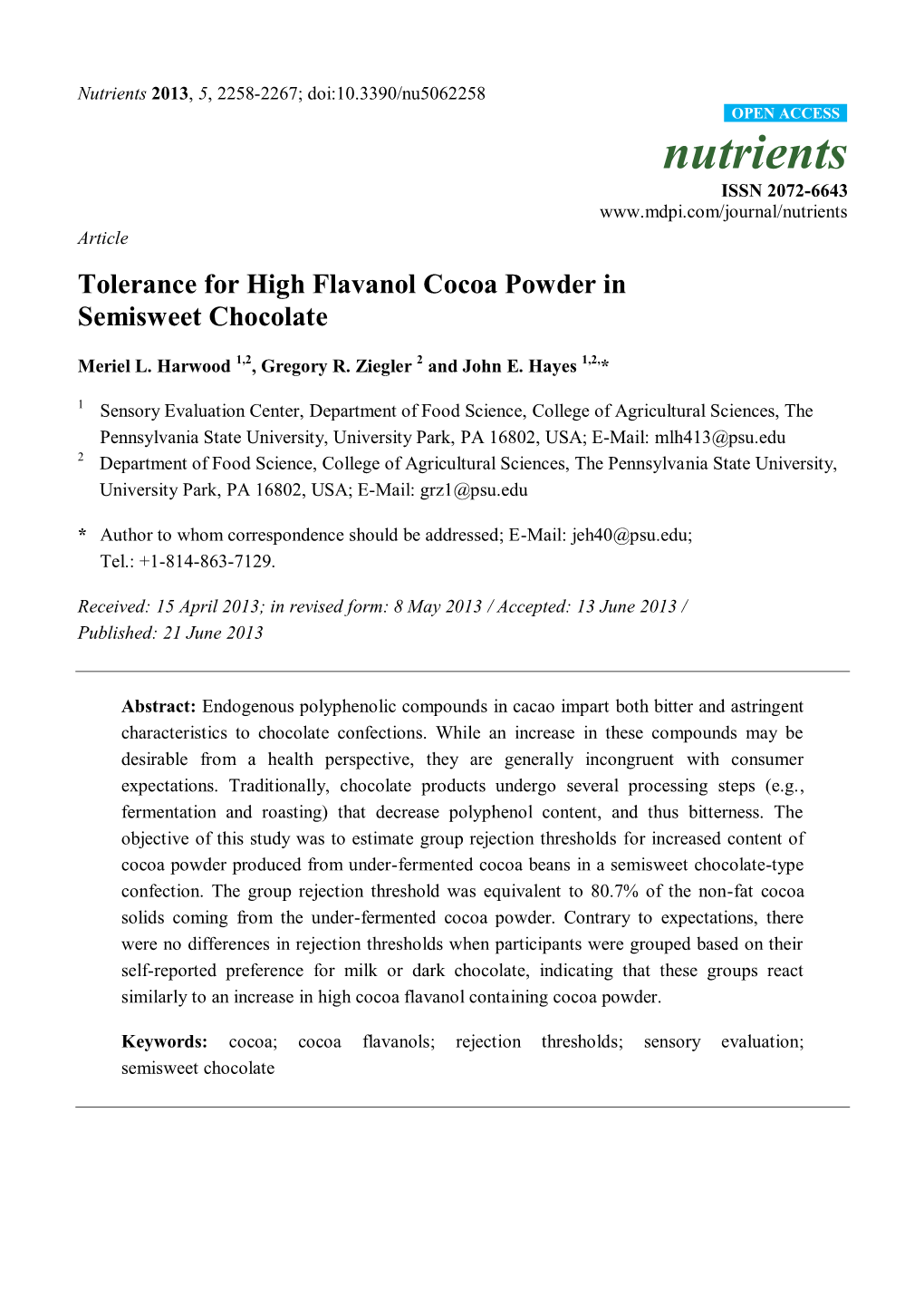 Tolerance for High Flavanol Cocoa Powder in Semisweet Chocolate