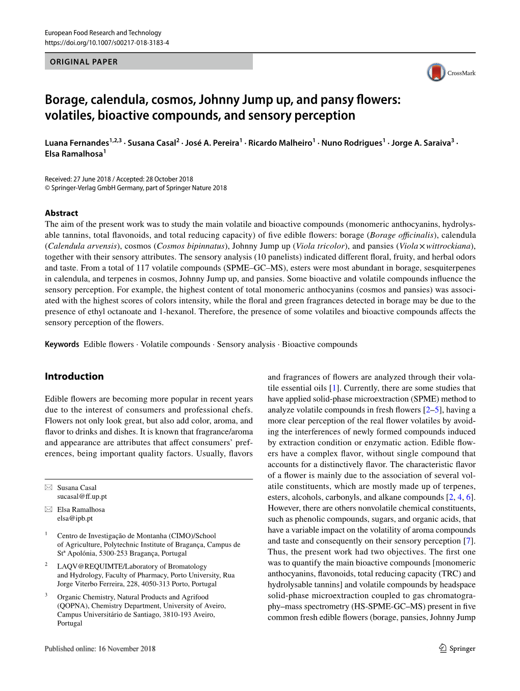 Borage, Calendula, Cosmos, Johnny Jump Up, and Pansy Flowers: Volatiles, Bioactive Compounds, and Sensory Perception