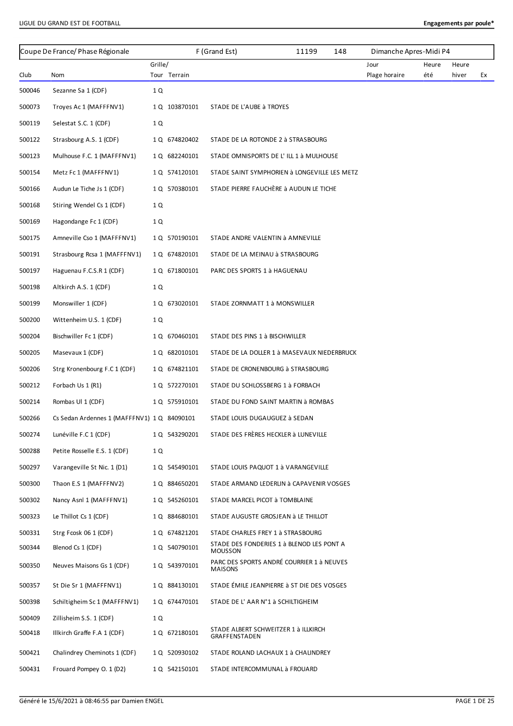 Phase Régionale F (Grand Est) 11199 148 Dimanche Apres-Midi P4 Grille/ Jour Heure Heure Club Nom Tour Terrain Plage Horaire Été Hiver Ex