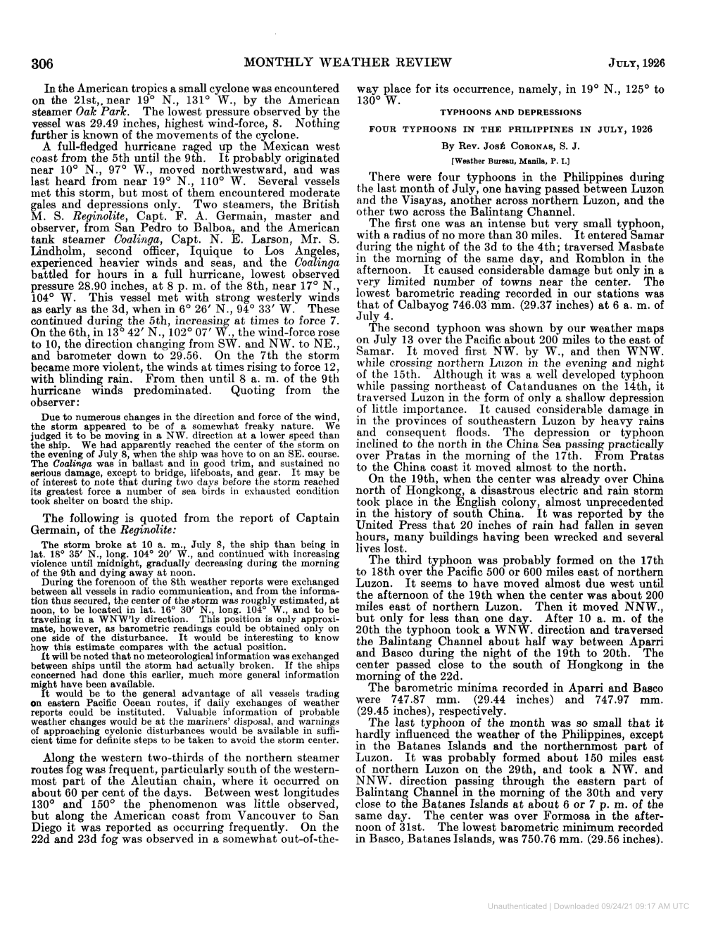 JULY, 1926 a Full-Fledged Hurricane Raged up the Mexican West by Rev