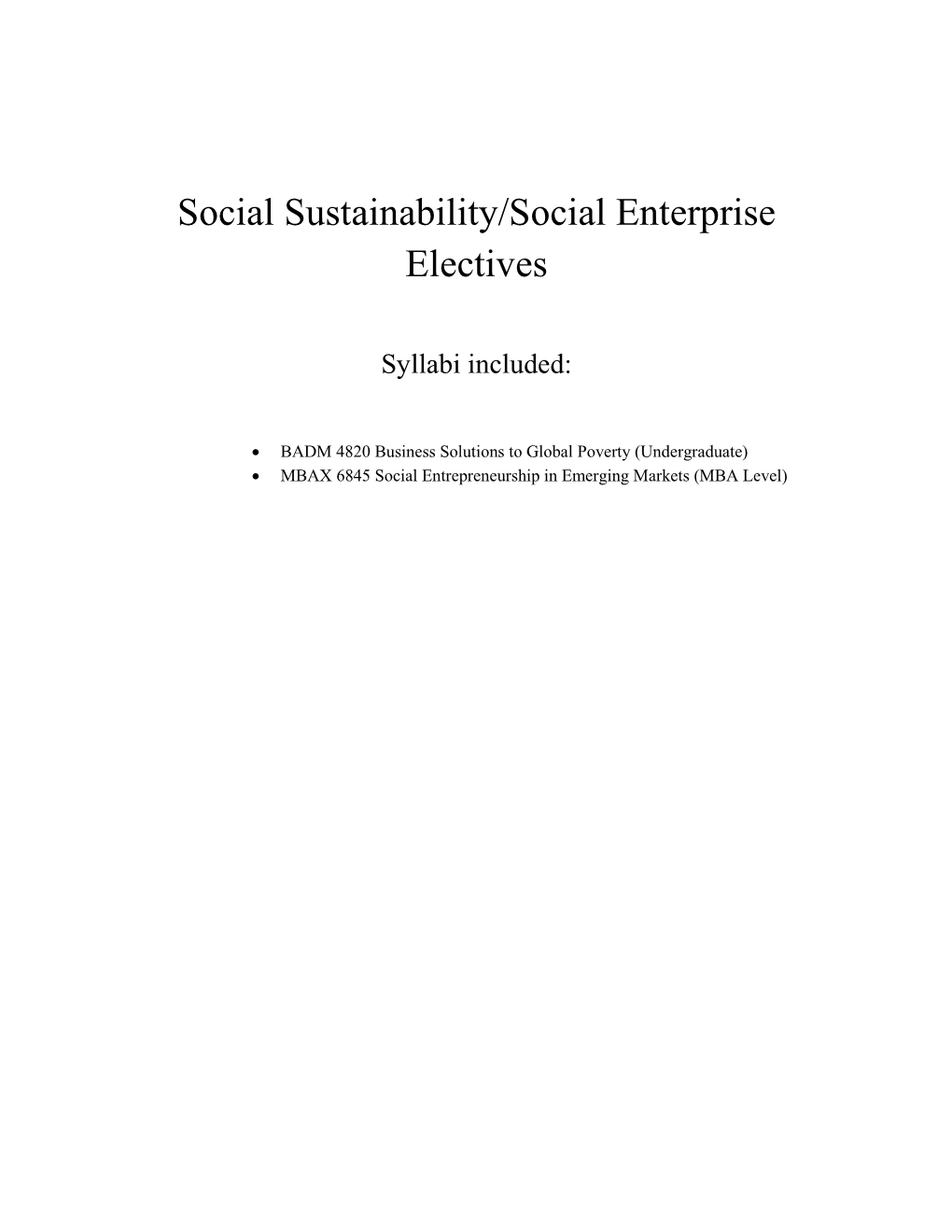 Social Sustainability/Social Enterprise Electives