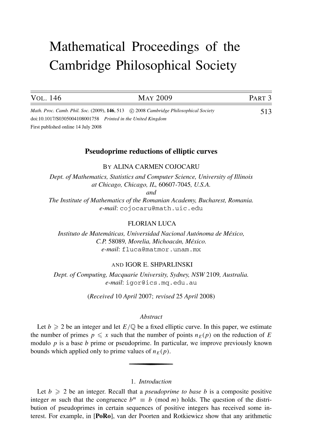 Pseudoprime Reductions of Elliptic Curves