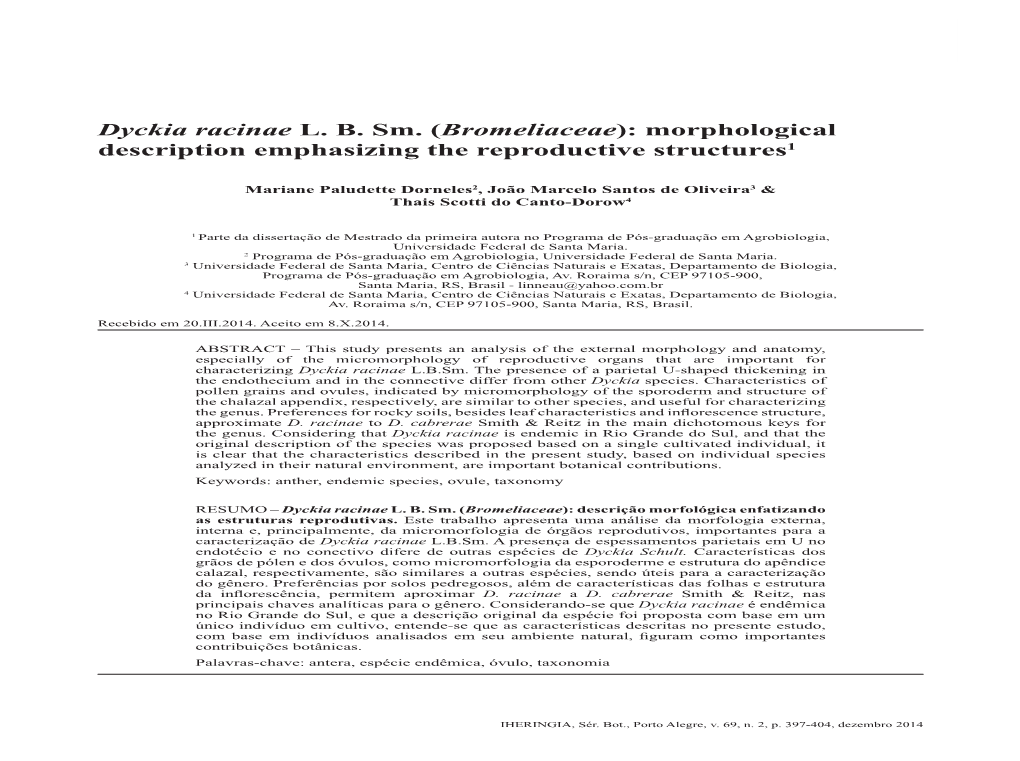 16 Artigo Dyckia Racinae.Indd 1 17/12/2014 10:21:23 398 DORNELES, M.P.; OLIVEIRA, DE J.M.S