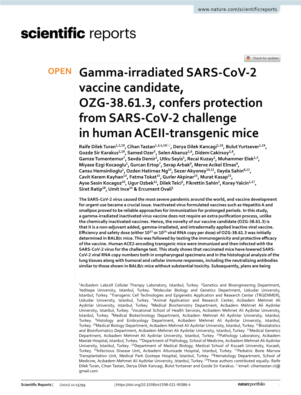 Gamma-Irradiated SARS-Cov-2 Vaccine Candidate, OZG-38.61.3, Confers Protection from SARS-Cov-2 Challenge in Human ACEII-Transgen