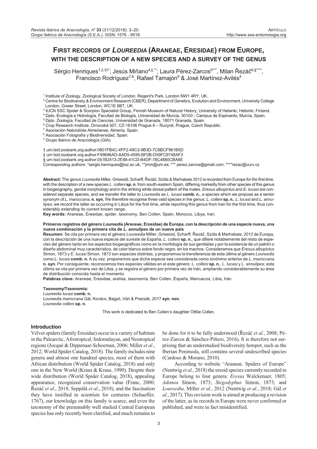 First Records of Loureedia (Araneae, Eresidae) from Europe