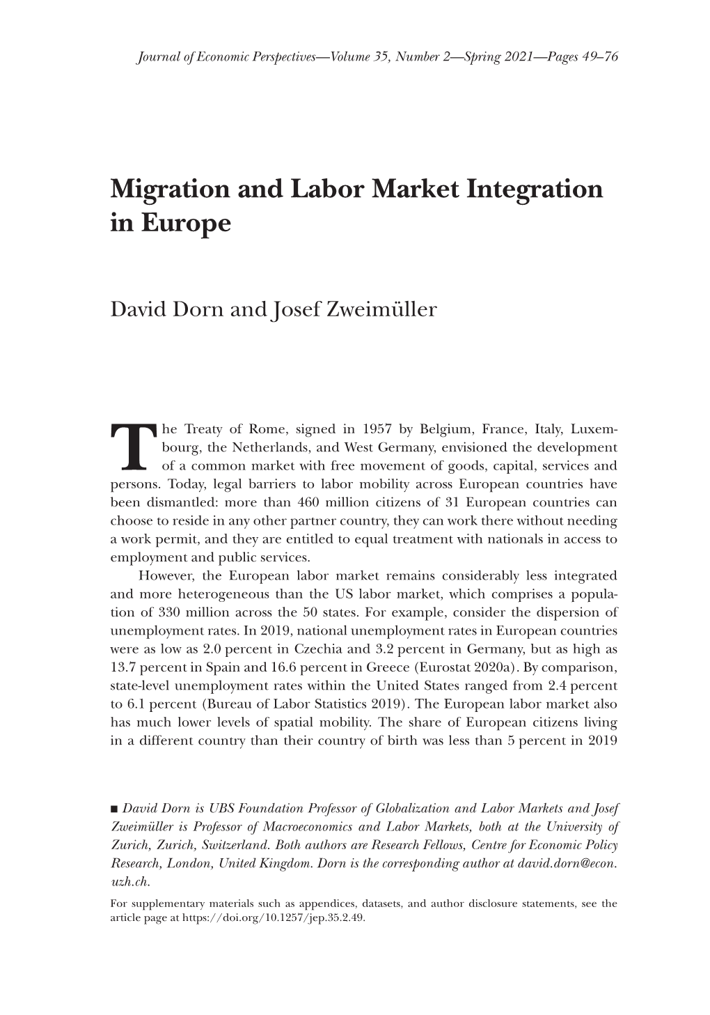 Migration and Labor Market Integration in Europe