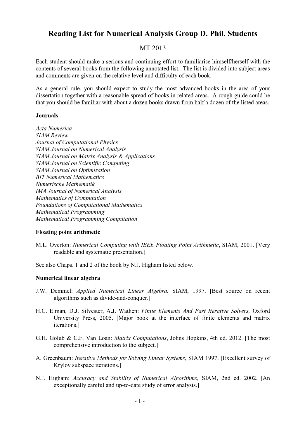 Reading List for Numerical Analysis Group D. Phil. Students MT 2013