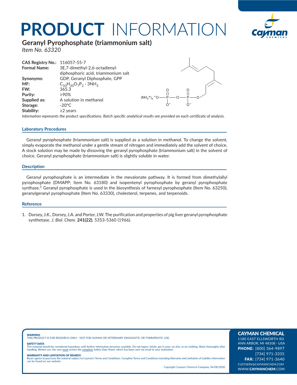 PRODUCT INFORMATION Geranyl Pyrophosphate (Triammonium Salt) Item No