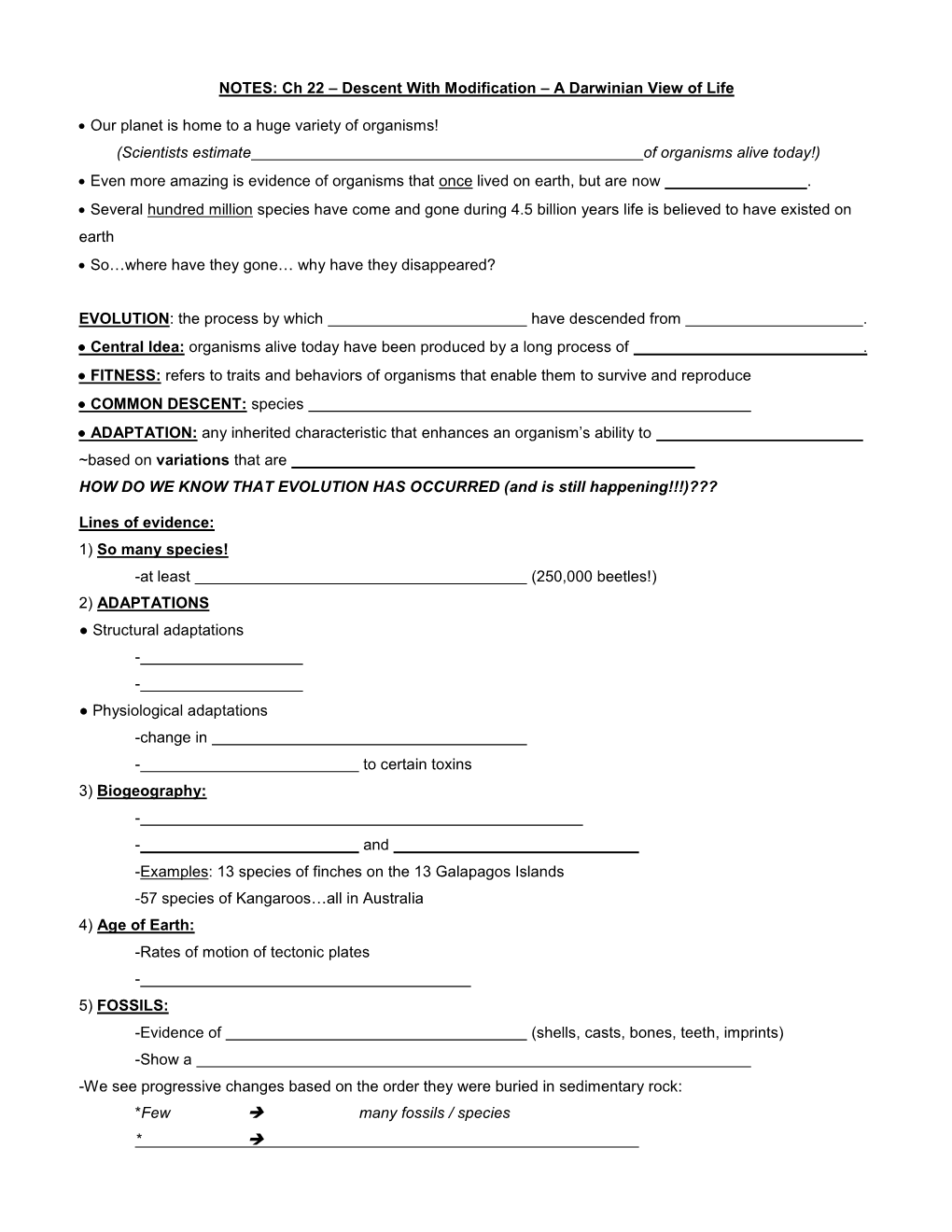 Chapter 22 Notes: Introduction to Evolution