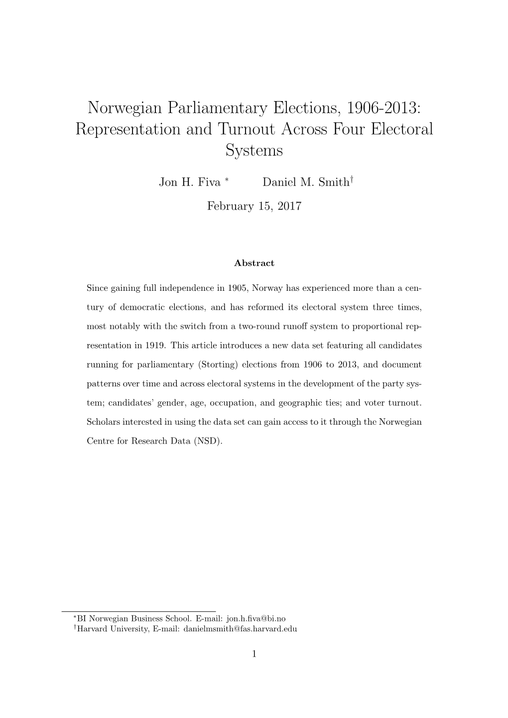 Norwegian Parliamentary Elections, 1906-2013: Representation and Turnout Across Four Electoral Systems