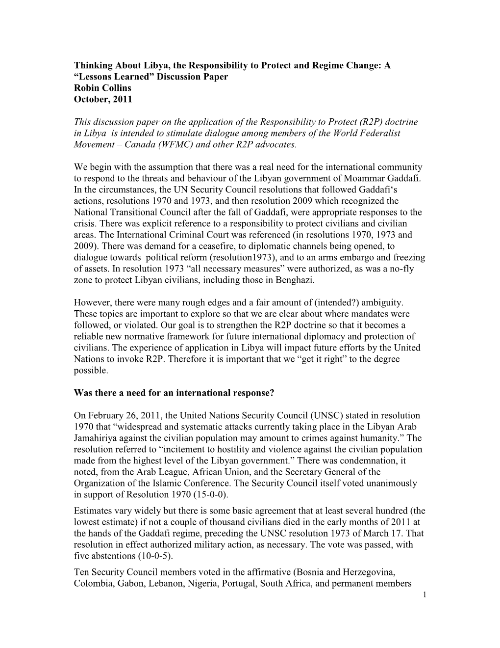 Discussion Paper: Libya and R2P and Regime Change