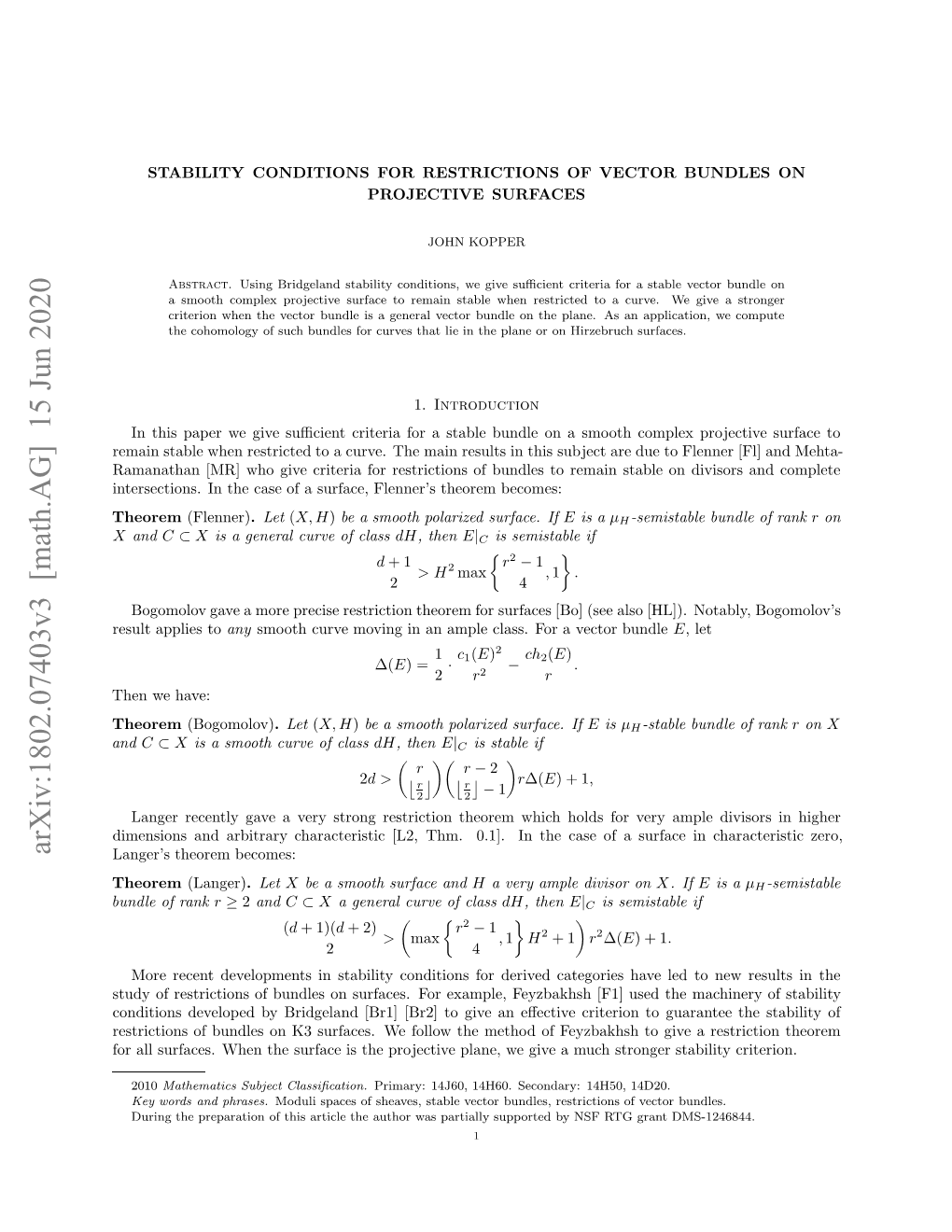 Arxiv:1802.07403V3 [Math.AG] 15 Jun 2020 Udeo Rank of Bundle and Theorem Theorem Have: We Then Theorem Iesosadabtaycaatrsi L,Tm .] Ntecs O Case the in 0.1]