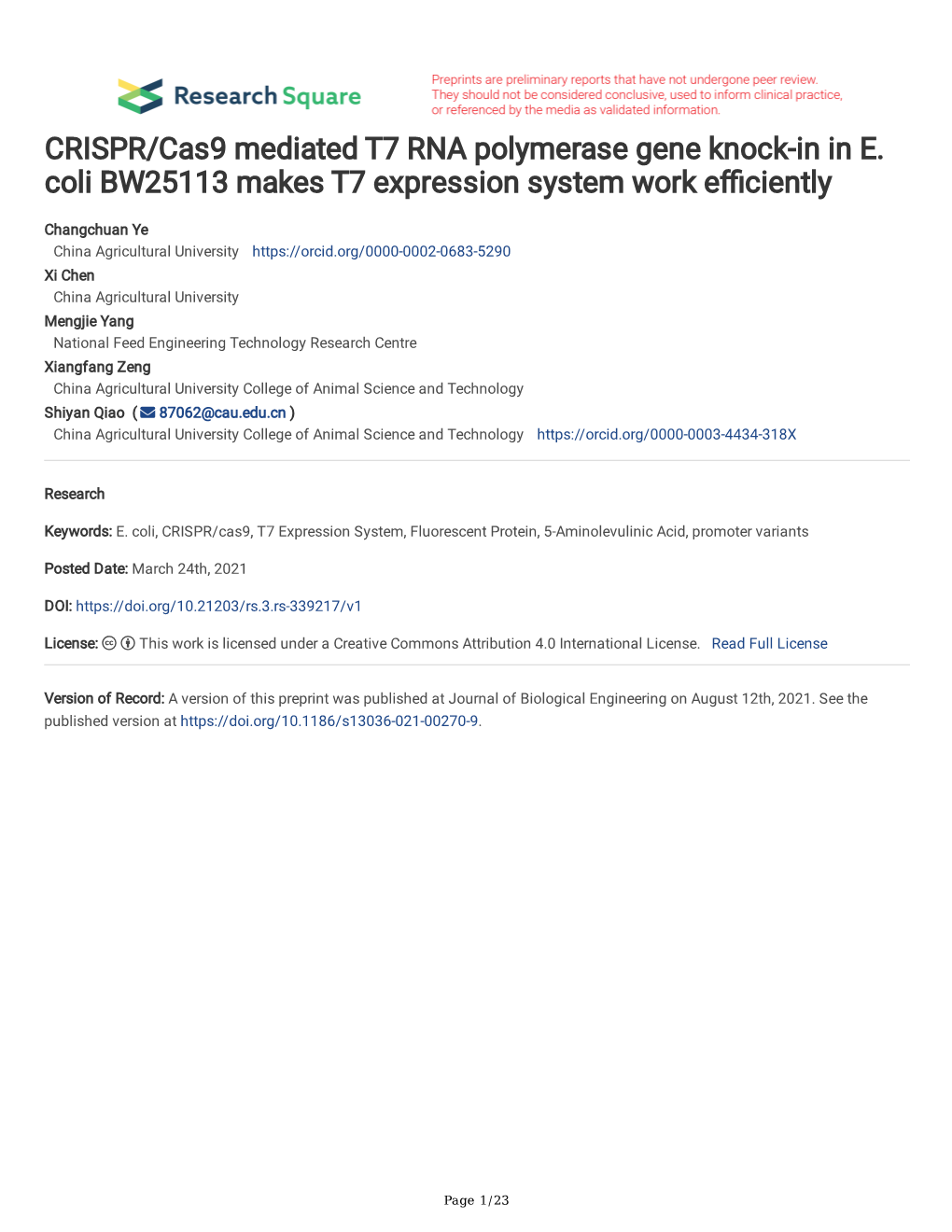 CRISPR/Cas9 Mediated T7 RNA Polymerase Gene Knock-In in E. Coli BW25113 Makes T7 Expression System Work Efciently