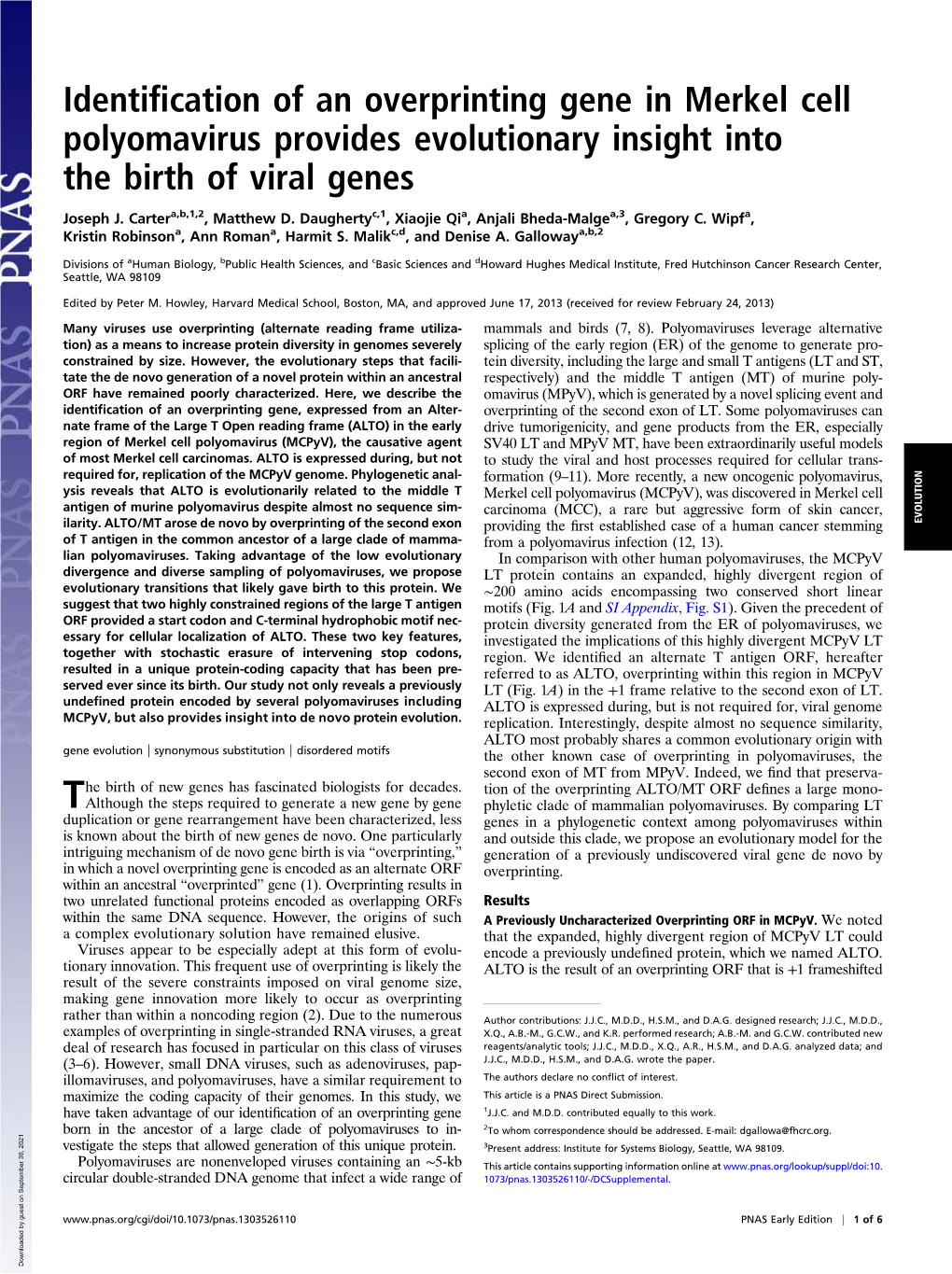 Identification of an Overprinting Gene in Merkel Cell Polyomavirus Provides Evolutionary Insight Into the Birth of Viral Genes