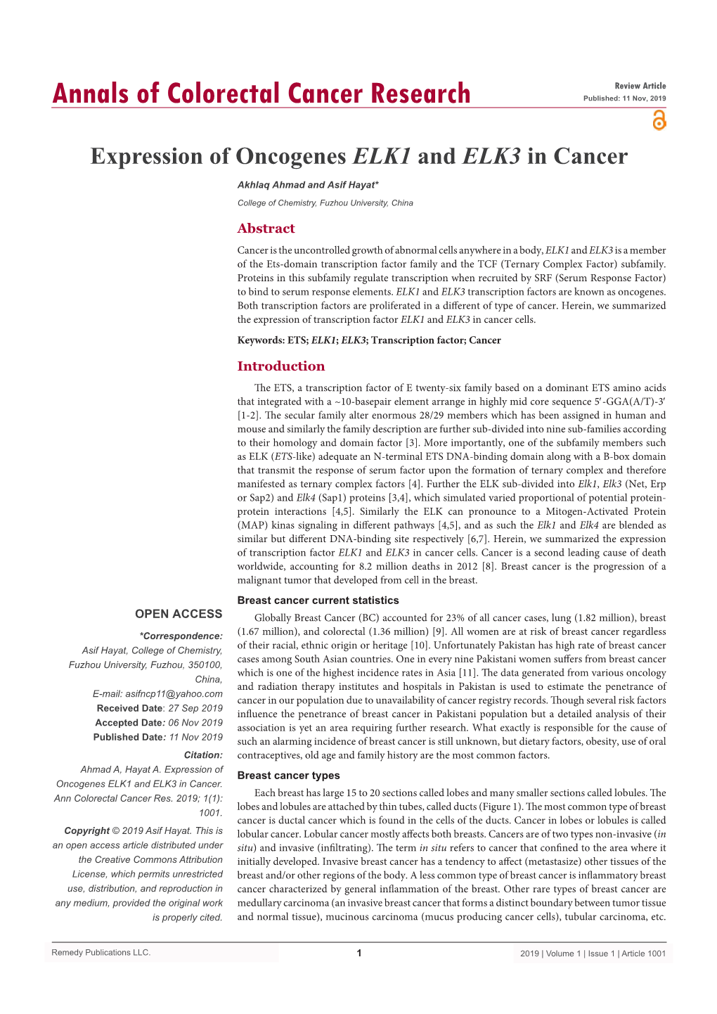 Expression of Oncogenes ELK1 and ELK3 in Cancer