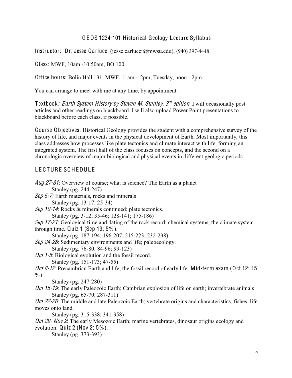 GE OS 1234-101 Historical Geology Lecture Syllabus Instructor