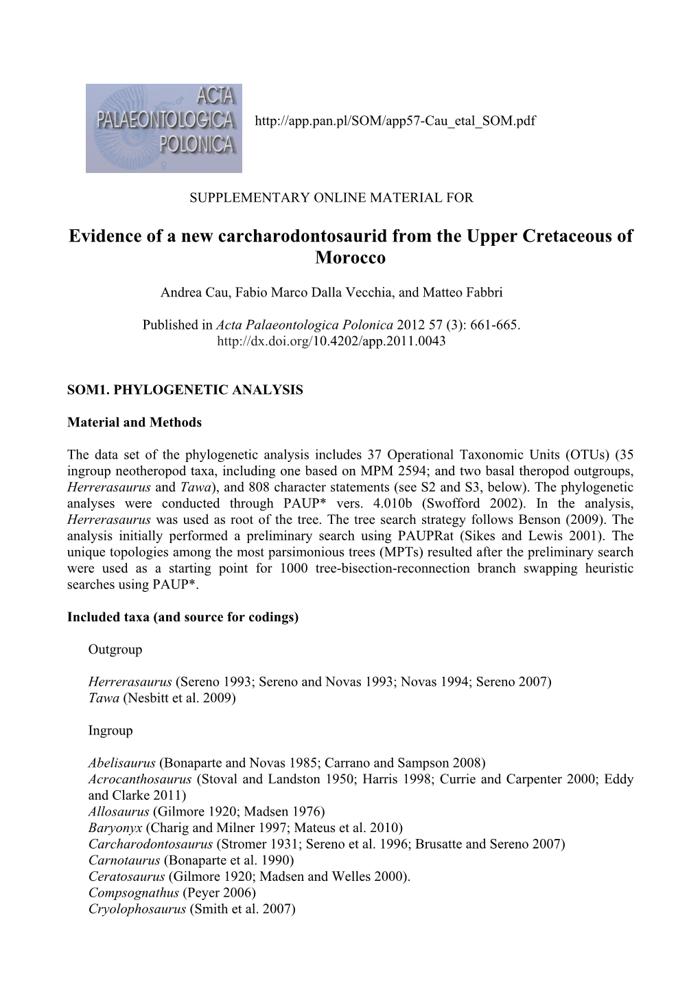 Evidence of a New Carcharodontosaurid from the Upper Cretaceous of Morocco