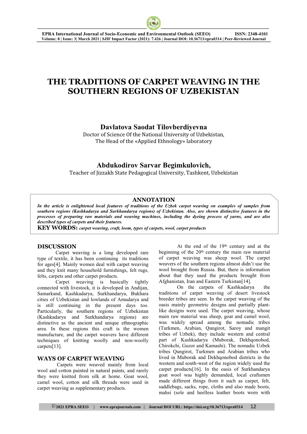 The Traditions of Carpet Weaving in the Southern Regions of Uzbekistan