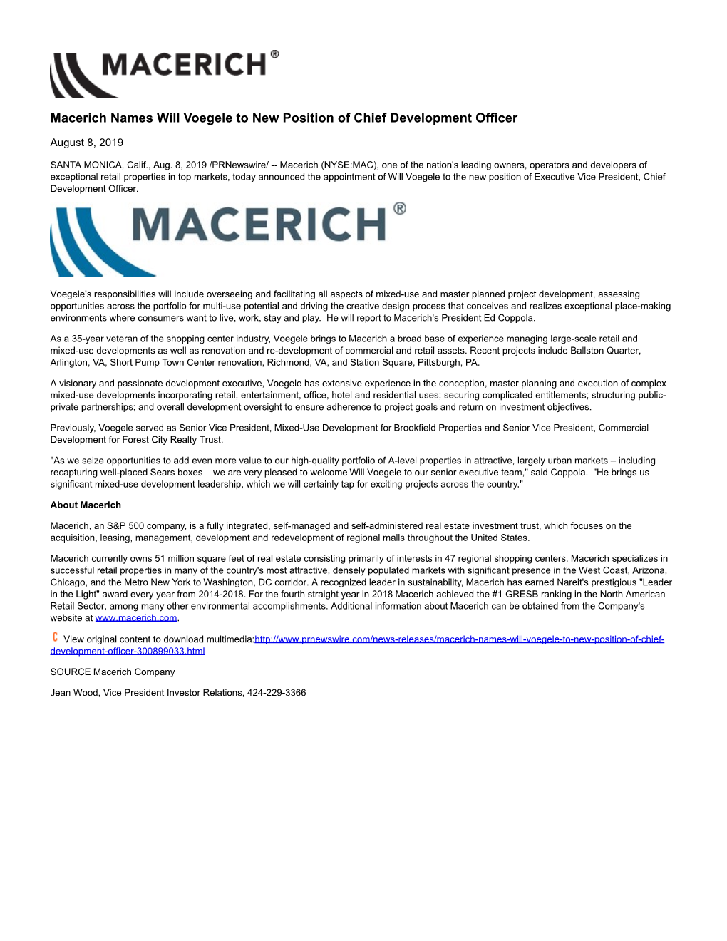 Macerich Names Will Voegele to New Position of Chief Development Officer