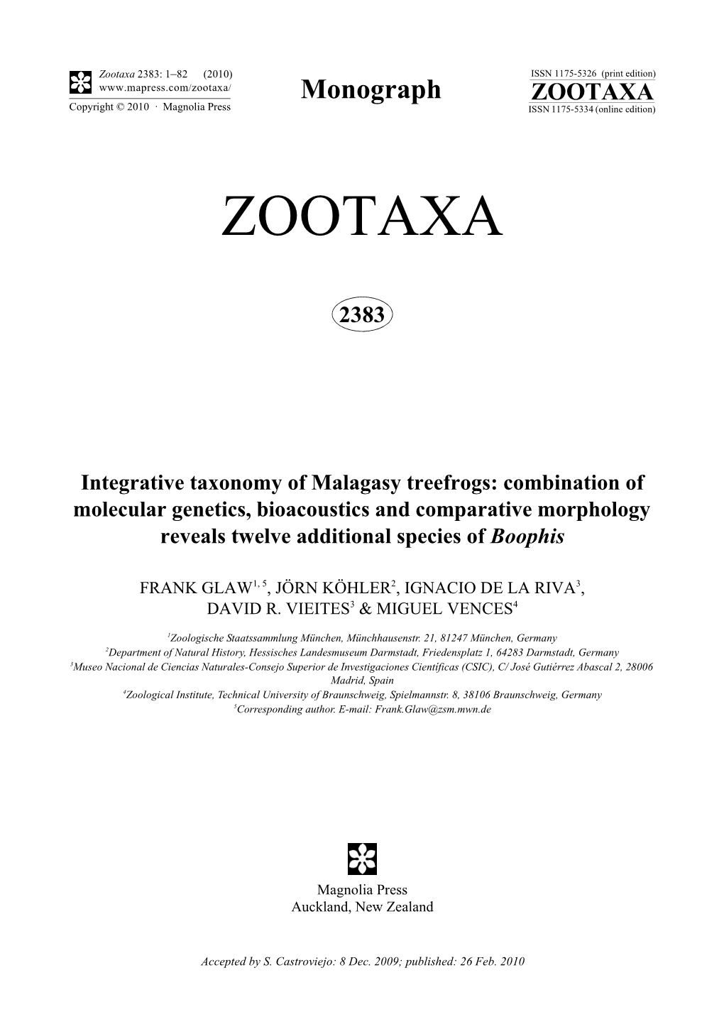 Zootaxa, Integrative Taxonomy of Malagasy Treefrogs